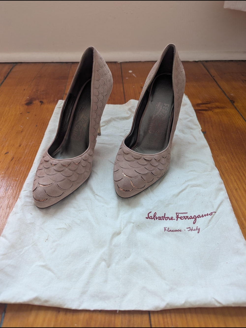 Salvatore Ferragamo Blush Scalloped Suede Pointed-Toe Pumps